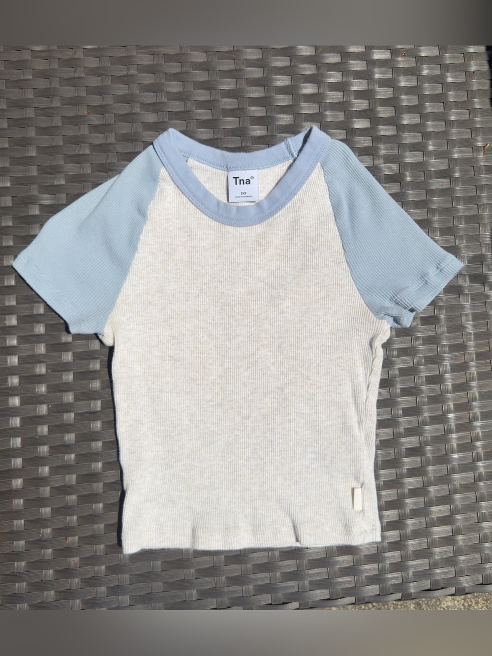 Aritzia TNA Short Sleeve Ribbed Raglan Tee in Baby Blue & Grey